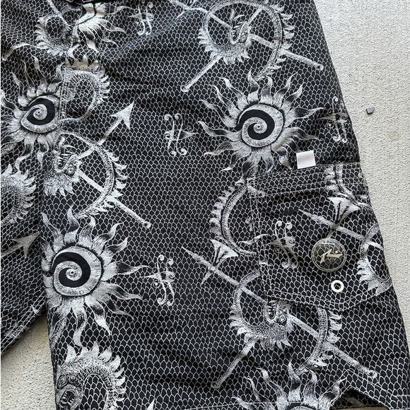 VTG 90s DRAGON BLACK SWIM SHORTS warrior Goth Board Men 36 Surf Y2K NYLON, RUSTY - Picture 2 of 4